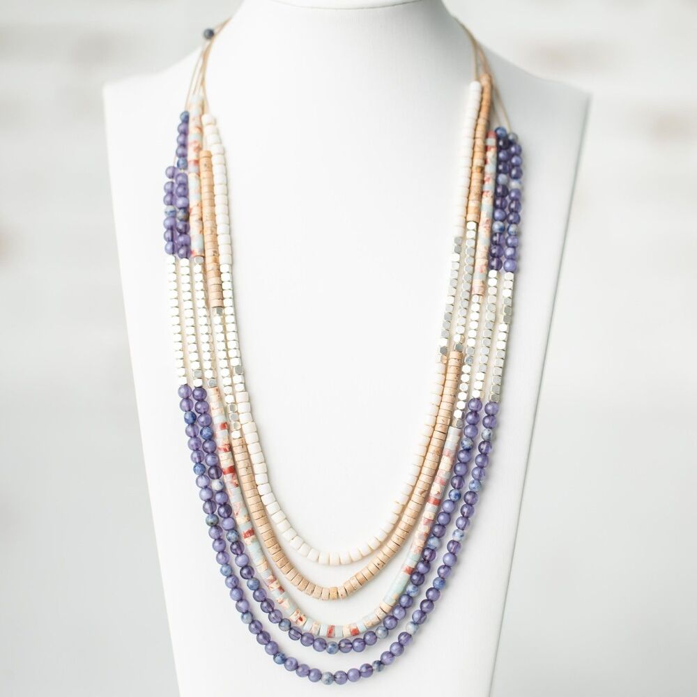 Boho Multi Strand Beaded Necklace Purple Blue Silver Mixed Stone Tribal Jewelry